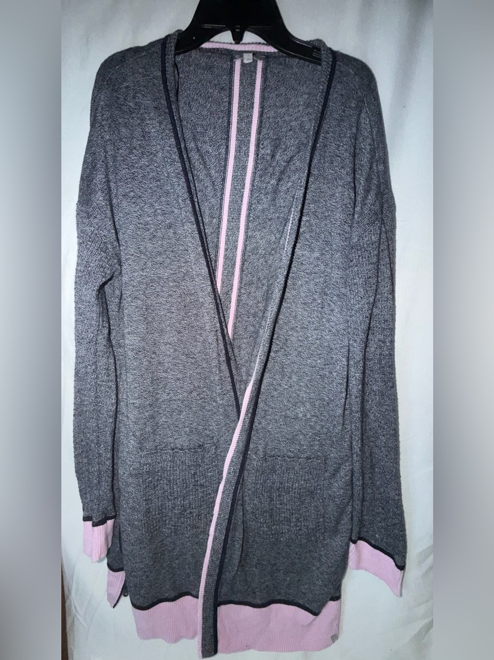 T by Talbots Open Front Long Cardigan Marled Gray Pink Stripe Trim Size M